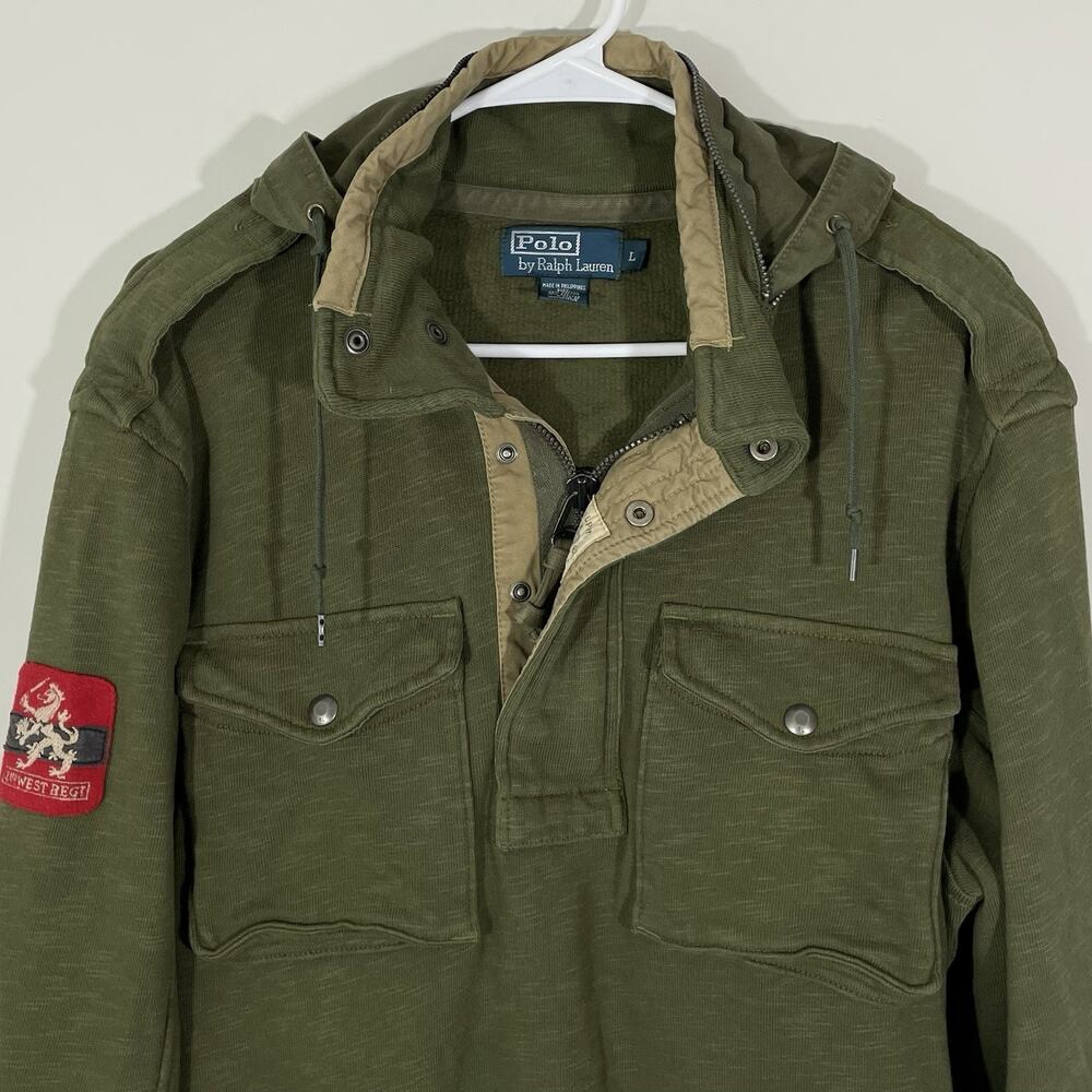 VTG Polo Ralph Lauren Hoodie British Military 2nd Rgmt Patch Green Sweatshirt